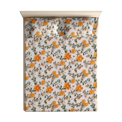 Image of DECORUM 300TC Glace Cotton Elastic Fitted King Size Bedsheet (72''X78'') with 2 Pillow Covers | Soft & Comfortable Cotton Feel | Fits Upto 8'' Mattress | Orange Blossom Garden