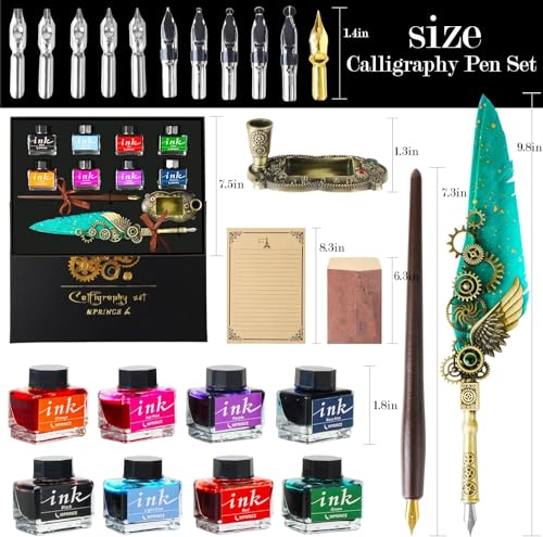 Feather Quill Pen ink Set,Calligraphy Pen Set,Include Quill Pen,Wood Dip Pen,8 Bottles Of Ink,13 Stainless Steel Nibs Of Different Sizes,Pen Holder,Envelope Paper - Thumbnail 7