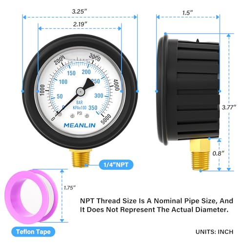 Image of MEANLIN MEASURE 0~5000Psi Stainless Steel Liquid Filled Pressure Gauge 1 /4 inch NPT 2.5 inch FACE DIAL with Rubber Protective Sleeve, Lower Mount