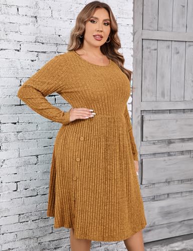 Image of Women's Plus Size Casual Sweater Dress Square Neck Long Lantern Sleeve Tie Waist Loose Pullover Sweater Dresses