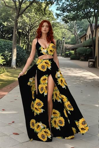 Image of Women Sexy 2 Piece Outfits Dress Chiffon Strap Deep V Neck Bra Crop Top High Split Maxi Dresses Skirt Set
