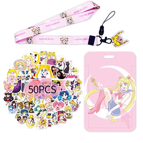 TJIUSI 50PCS Sailor Moon Pink Waterproof Stickers Sailor Moon Lanyard for Keys ID Badge Holder Sailor's Moon Keychain Pink Anime Sailor Moon Lanyard and 50 pcs Sailor Moon Stickers for Teens Gifts