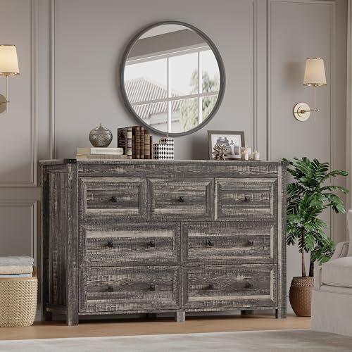Image of BORNOON 7-Drawer Dresser, Modern Wooden Storage Chest of Drawers, Dresser TV Stand, Wood Drawer Organizer with Metal Handles for Bedroom, Living Room, Hallway