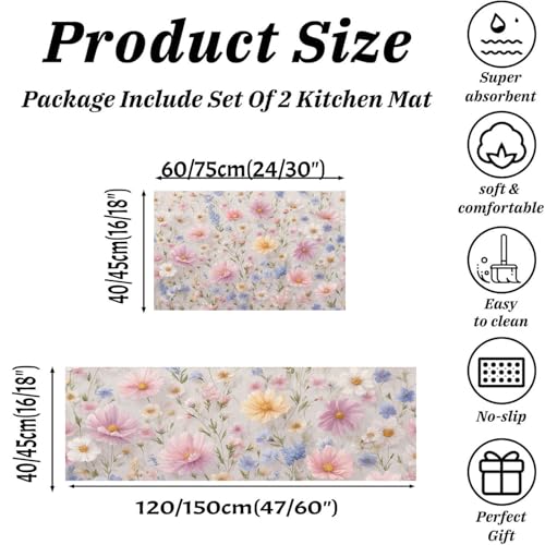 Alfombras de cocina lavables con estampado rosa de flores 3