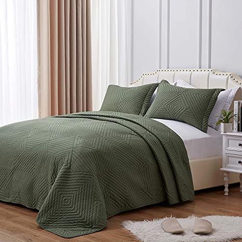 Sunstyle Home Full/Queen Size Quilt Olive Green 3 Pieces - Lightweight Summer Quilt Set Full/Queen - Soft Bedspread Coverlet Bedding Set For All Season(1 Quilt, 2 Pillow Shams) #TOP1