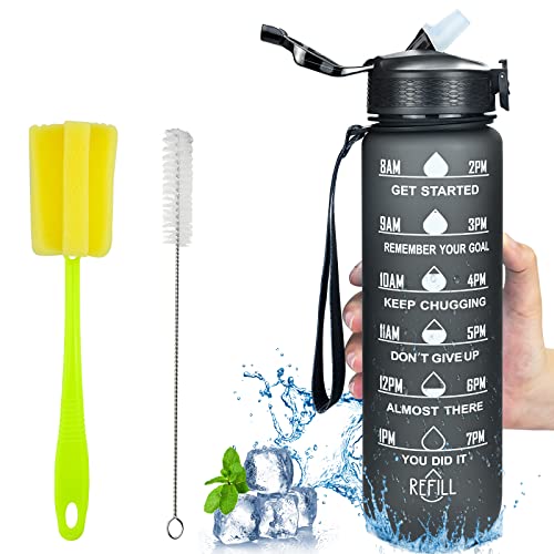 Bouteille d'eau de 1 litre avec paille - Bouteille d'eau de motivation avec marquage du temps - Bouteille d'eau de sport sans BPA en Tritan étanche - Portable - Pour le fitness et le sport - Noir Cover