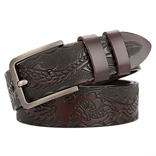 Men's Genuine Leather Belt Vintage Dragon Engraved Strap Single Prong Buckle Adjustable Dress & Casual Belt For Jeans