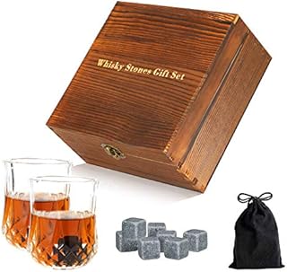 Whiskey Stones Gift Set Whisky Accessories, 8 Chilling Rocks with 2 Whiskey Glasses & Bags Cocktail Maker in Wooden Gift Box for Birthday, Anniversary, Fathers Day
