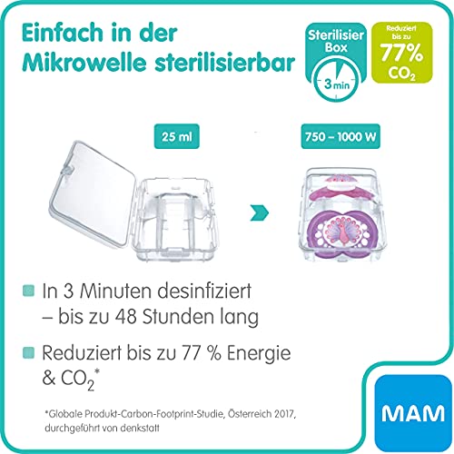 Istruzioni in lingua straniera - MAM Night, set di 2 ciucci luminosi per bambini, per accettazione rapida con scatola di trasporto sterilizzata, a partire da 16 mesi, tigre e luna