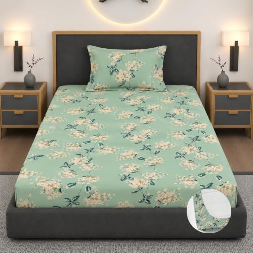 Image of Vaini Premium Heavy Cotton Elastic Fitted Bedsheets with 1 King Size Pillow Covers || Single Bed with All Around Elastic 350 TC || 36 x 78 x 6 Inch Single Size Fitted || :- Pista Green