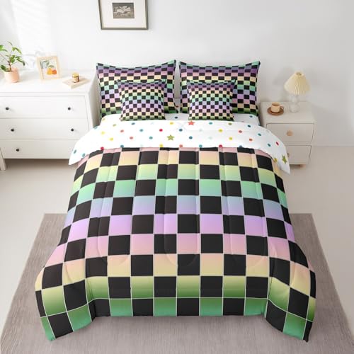 Image of Erosebridal Kids Black Checkered Comforter Set Full 7 Piece,Rainbow Ombre Plaid Bed in A Bag with Sheets for Boys Girls Colorful Geometric Checkerboard Bedding Set,Aesthetic Grids Bed Sets