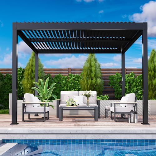Louvered Pergola 10'x12', Full Metal Outdoor Pergola with Adjustable Proof and Gutter System, Metal Hardtop Gazebo for Patio, Deck, Garden, Yard, Dark Gray - Image 3