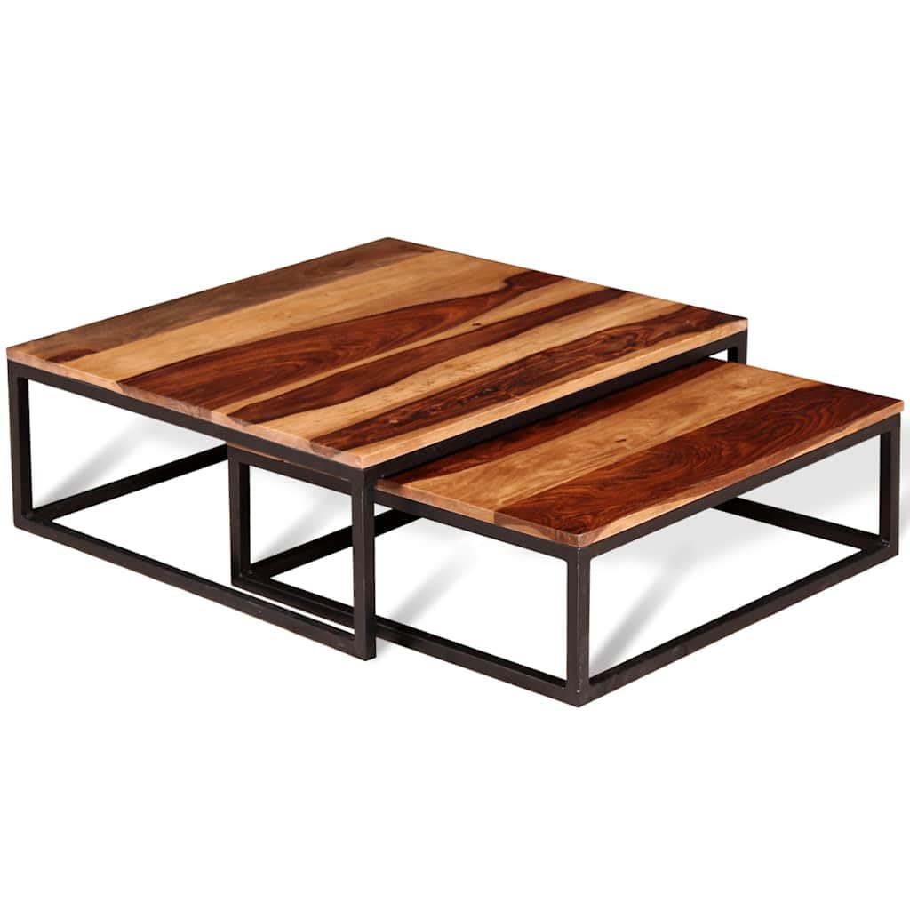 Hothingwell - Juego de mesa baja (2 unidades, madera maciza) | Estilo Retro, Acabado Mate, Madera Duro Tropical, Marco Metal Industrial, Diseño Emboitable