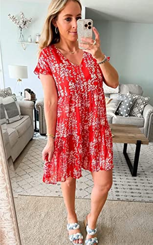 Cctoo Women’s Summer Dress Sleeveless Ruffle V Neck Tunic Dress Floral Casual Loose Flowy Mini Dress 058 Red X-Large #TOP1