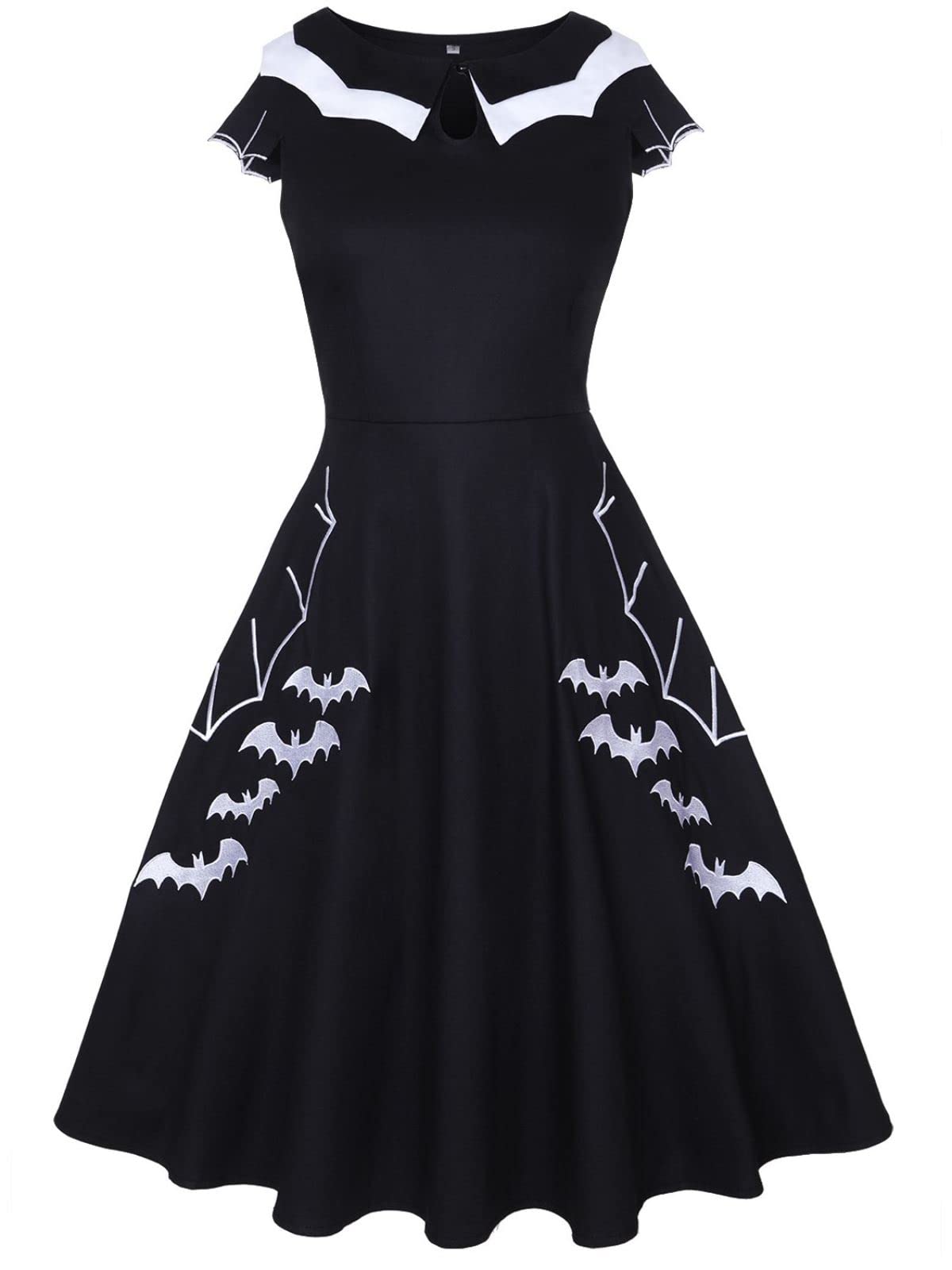 Ro Rox Women's Black Thana Flared Dress, Gothic Retro Dress With Vampire Bat Statement Collar, S