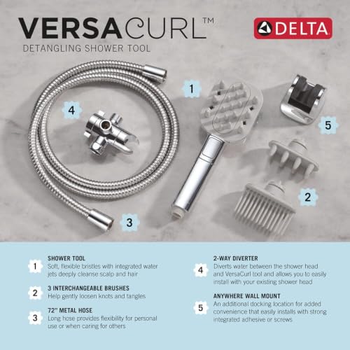 Image of Delta VersaCurl Detangling Handheld Shower Head Tool for Curly Hair with 3 Curl Defining Brush Inserts Included, Detangler Brush Hand Shower with Hose, Chrome 74B430