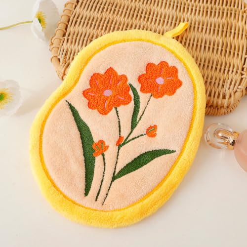 Image of House of Quirk Tulip Flower Shaped Hanging Towels Set of 2 | Soft Coral Fleece Kitchen & Bathroom Towels | Super Absorbent & Quick-Dry Decorative Cloths (Purple /Yellow)