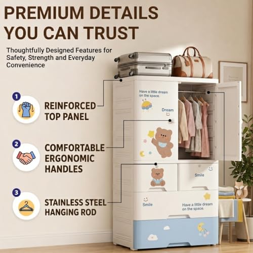 Image of StarAndDaisy Kids Wardrobe /Multifunctional Collapsible Plastic Wardrobe /Almirah for Kids- Storage Cabinet - Dustproof Baby /Wardrobe Organizer for Clothes, Toys - Cute Bear