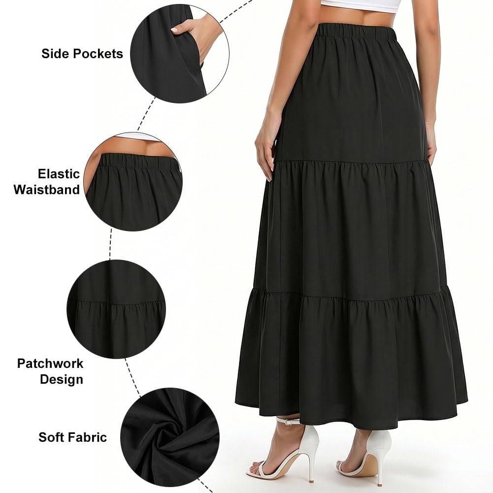 Spódnica damska z kieszeniami – Basic Solid A-Line elegancka plisowana spódnica do kolan, spódnica skaterska, styl boho, spódnica maxi, do noszenia na co dzień, elastyczny ściągacz, długa
