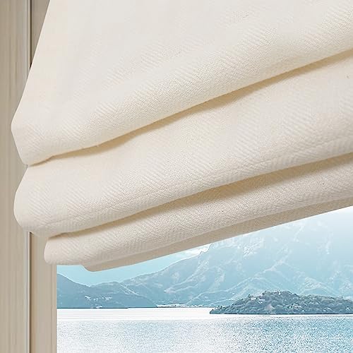 Artdix Cordless Linen Roman Shades, Beige White Custom Fabric Room Darkening Roman Window Shades Blinds for Doors, French Doors, Kitchen Windows, Bathroom Windows