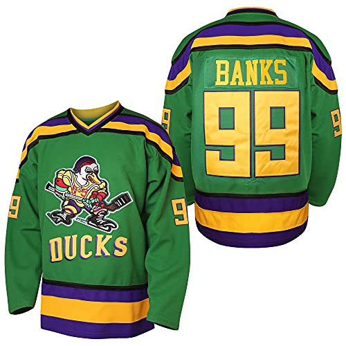Mighty Ducks Jersey #96 Charlie Conway #99 Adam Banks #33 Greg Goldberg #66 Gordon Bombay Movie Hockey Jersey White Green (99 Green Medium)