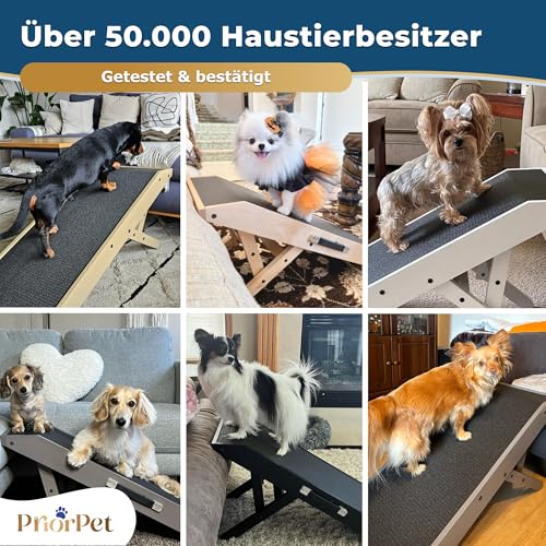Hunderampe - Hundetreppe für kleine Hunde und große Hunde - Einstellbar 18-53 cm - Für Bett Sofa - Birkenholz - Landeplattform schließt nahtlos an - Rampe Hund Klappbar - Anti-rutsch Einsatz Naturel