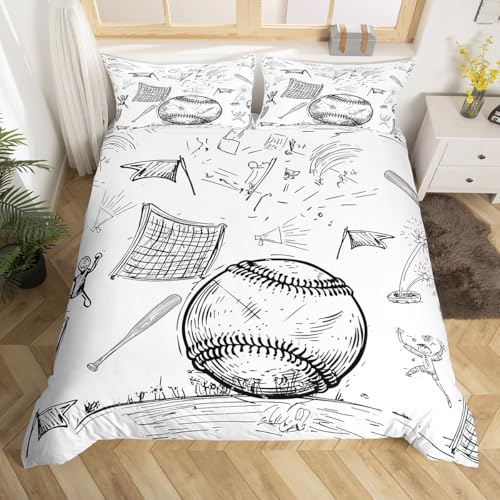 jejeloiu Baseball Duvet Cover Toddler Size Kids Baseball Gaming Hand Drawn Comforter Cover Set Boys Girls Teens Ball Graffiti Bedding Set Breathable Gift for Baseball Lover Bedspread Cover Quilt Cover