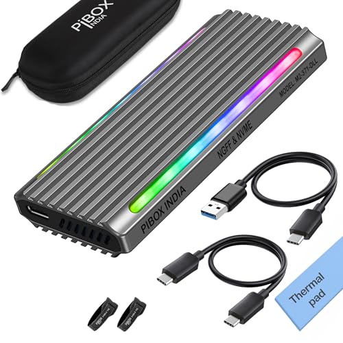 Image of NVME M2 LED Enclosure, PiBOX India NVMe /NGFF SATA Dual SSD Enclosure - USB 3.2 10Gbps, Tool-Free M.2 NVMe Case, PCI-E NVMe Reader, USB-C, Supports M & B&M Keys, 2230 /2242 /2260 /2280 SSD RTL9210B