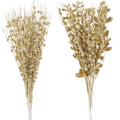 CristBest 24-Pack Christmas Tree Picks Ornaments, Artificial Glitter Berry Stem Glittery Twigs Ornaments for Christmas Tree Decorations, Small Vase, Holiday, Wedding, Party Decorations (Gold) - image 1