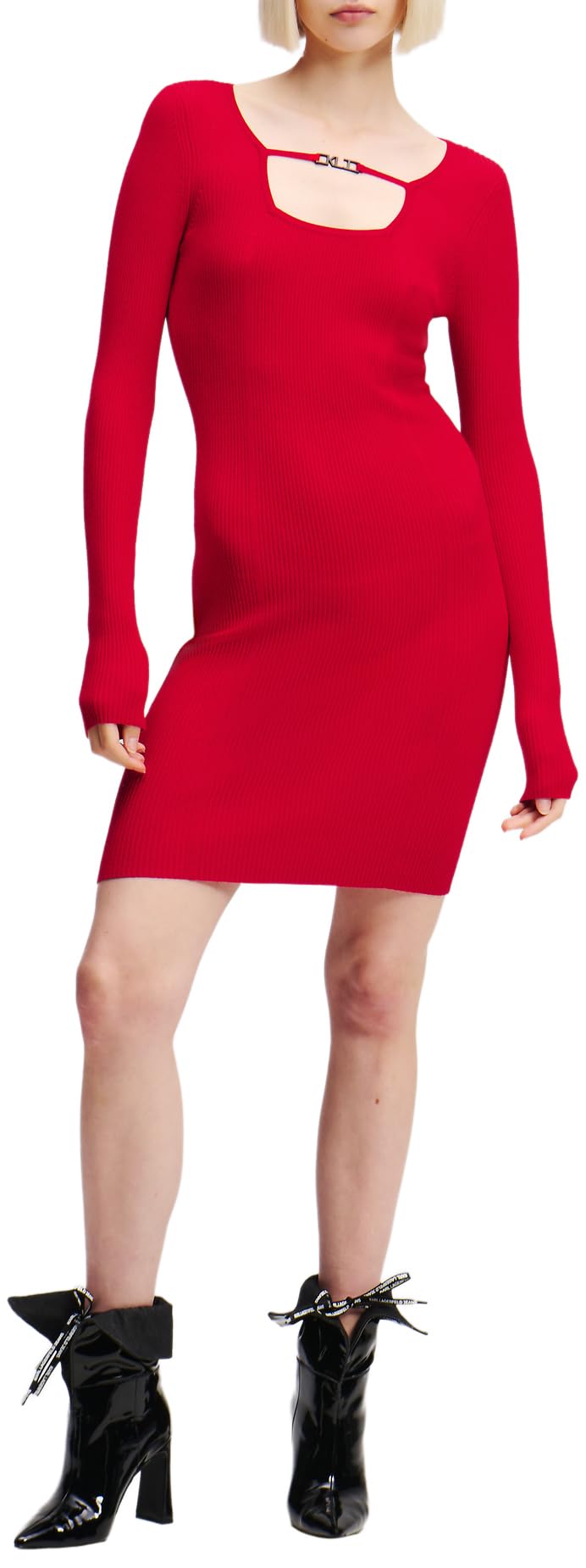 KARL LAGERFELD JEANS Women Long Sleeve Knitted Logo Dress Pompeian Red XS