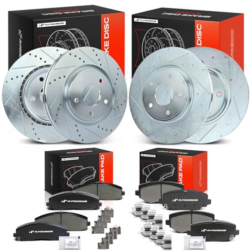 A-Premium Front & Rear Drilled and Slotted Disc Brake Rotors + Ceramic Pads Kit Compatible with Dodge, Chrysler, Ram and Volkswagen Models - Town & Country, Grand Caravan, Journey, C/V, Routan