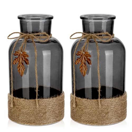 Briful 20cm Tall Glass Flower Vases Wrapped with Jute Rope