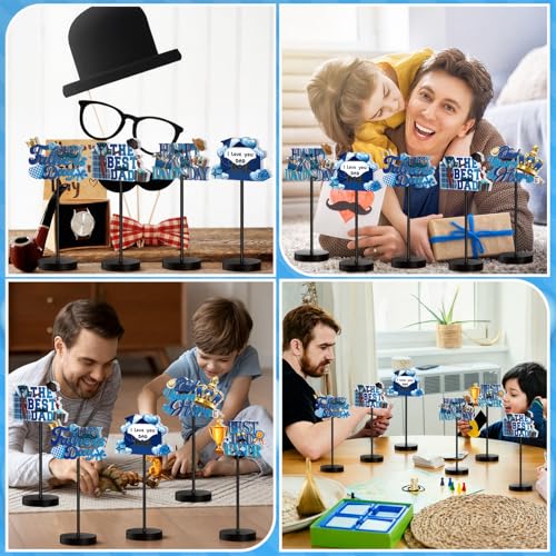 Image of Briwooody 6 Pcs Father's Day Table Decorations Happy Father's Day Wooden Table Centerpieces Best Dad Ever Signs Wood Tiered Tray Decor for Home Birthday Party Supplies Gifts