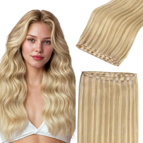 Image of GOO GOO Genius Narrow Edge PU Weft Hair Extensions Human Hair, Invisible Sew in Hair Extensions Human Hair, P16 /22A Light Blonde Highlighted Golden Blonde 18 Inch 100g, Seamless Soft Lightweight