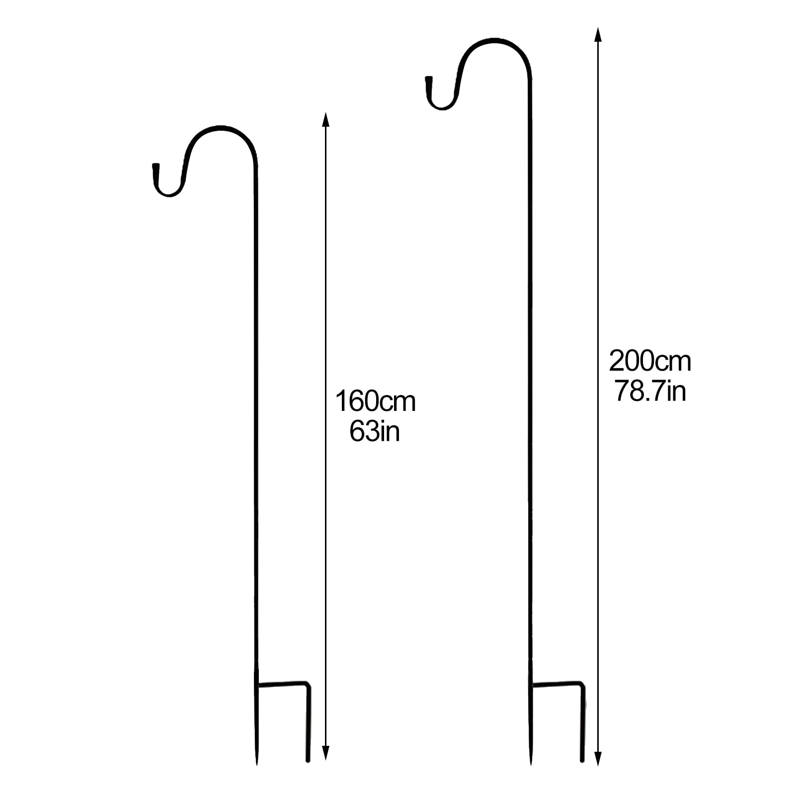 Lot de 2 crochets de berger pour extérieur, 200 cm, réglables en métal, robustes pour lampes solaires, mangeoires à oiseaux, paniers de plantes, noir
