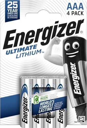 Energizer Ultimate Lithium AAA pilhas (embalagem de 4) - uma das pilhas AAA mais longa do mundo - para dispositivos de alto consumo - embalagem 100% reciclável - 25 anos de vida útil