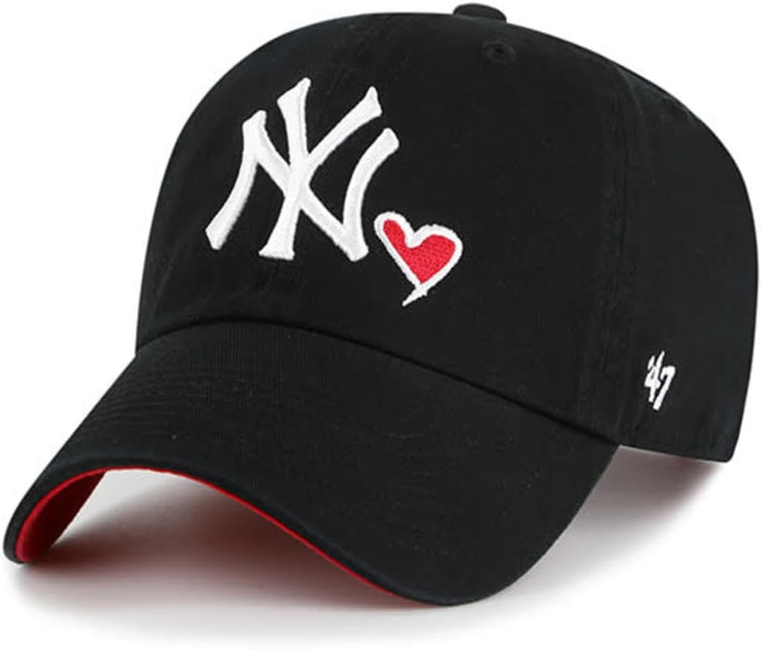 47 Brand MLB New York Yankees Black Red Unisex Heart Icon Clean Up Adjustable Baseball Cap Dad Hat Adult One Size Fits All
