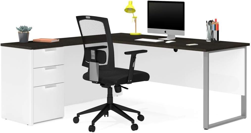 Bestar Pro-Concept Plus L-Shaped Desk with Drawers, White/Deep Grey