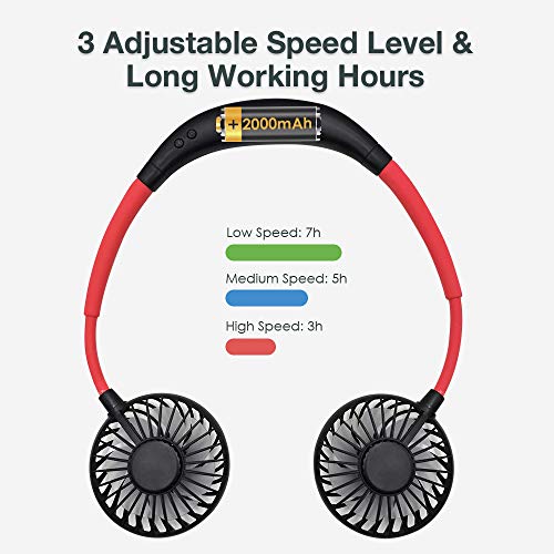 Portable Hanging Neck Sports Fan - Hands Free USB Rechargeable Personal Wearable Neckband Fan Battery Operated with 3 Level Air Flow Headphone Design Cooling (Black-Red)