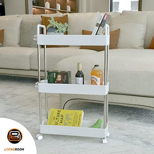 Ronlap 3 Tier Storage Trolley, Narrow Storage Unit with Handle, Hook, Lock Wheels, Trolley On Wheels, Narrow Shelving Unit for Kitchen Bathroom Laundry Room, Slide Out Bathroom Storage, White