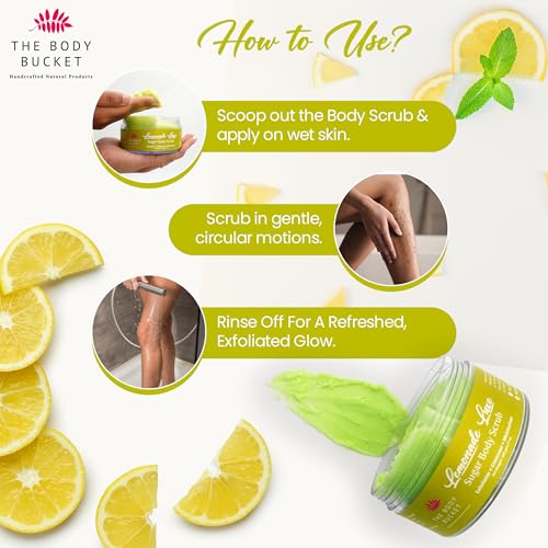 Image of The Body Bucket Lemonade Luxe Sugar Body Scrub- 200g | Included Free Bath Bomb | 3-in-1 Exfoliator, Cleanser, Moisturizer | De-Tan & Brightens Dark Areas| Smooths Strawberry Legs & Arms | Sulfate & Paraben Free