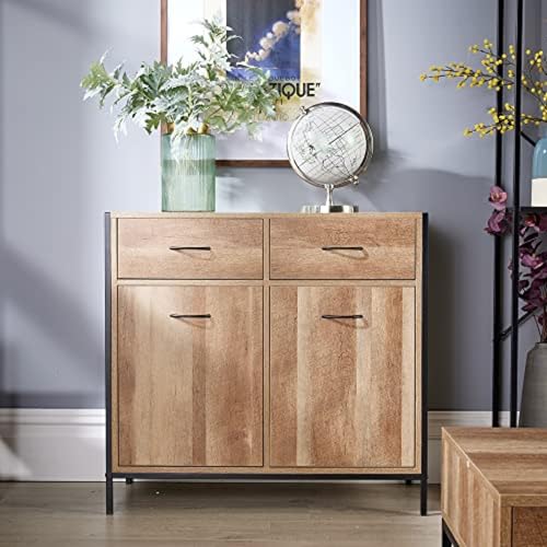 Home Source Compact Sideboard, 2 Cupboard Storage Unit, 2 Drawers, Weathered Oak Effect