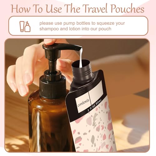 ANNGO 18 Pack Travel Pouches for Toiletries, TSA Approved Travel Pouches for Liquids,Travel Shampoo and Conditioner Pouches,Leak Proof 3oz Travel Squeeze Pouches(Pink)