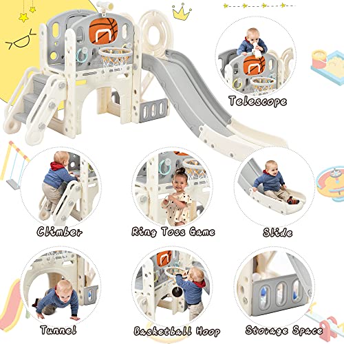 Merax 7-in-1 Kids Slide with Climber, Basketball Hoop, Tunnel, Telescope and Storage Space, Outdoor Indoor Slide for Toddlers Age 1+