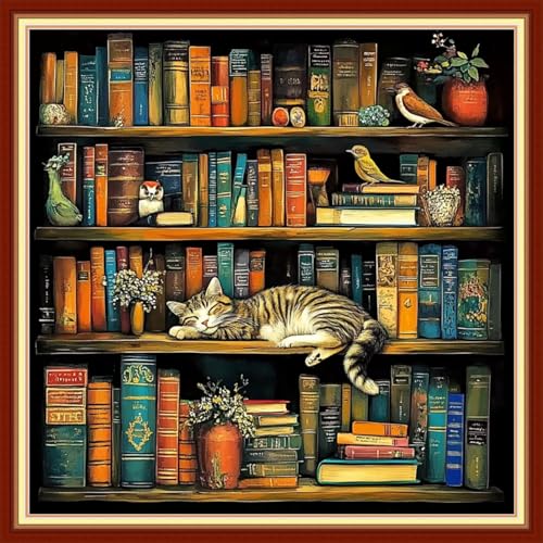 Image of Fanxvivy Stamped Cross Stitch Kits for Beginners Full Range of Cross Stitching Preprinted Embroidery Kits for Adults, 11CT Embroidery Pattern Needlepoint Kits-Cat Sleeping in Bookshelf 18x18 inch
