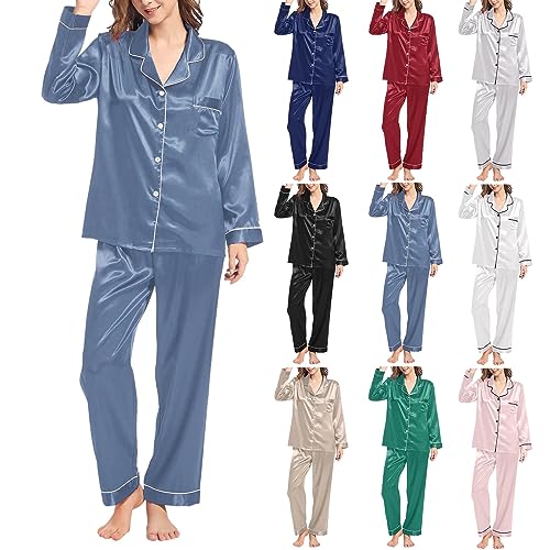 Pijama Mujer Invierno Otoño Seda Satén Conjunto de Pijamas con Camiseta Botones Manga Larga y Pantalón Largo Ropa para Dormir 2 Piezas Top y Pantalones Talla Grande Cómoda Transpirable Loungewear
