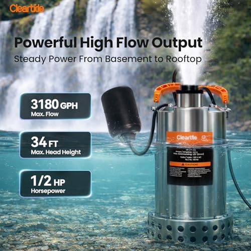Image of Cleartide Stainless Steel Submersible Water Sump Pump with Float Switch, 1 /2 HP, 3060 GPH Ideal for Pool, Yard, Flooded Cellar & Basement, Hot Tub, Pond, and Garden Draining, 10 FT Cord