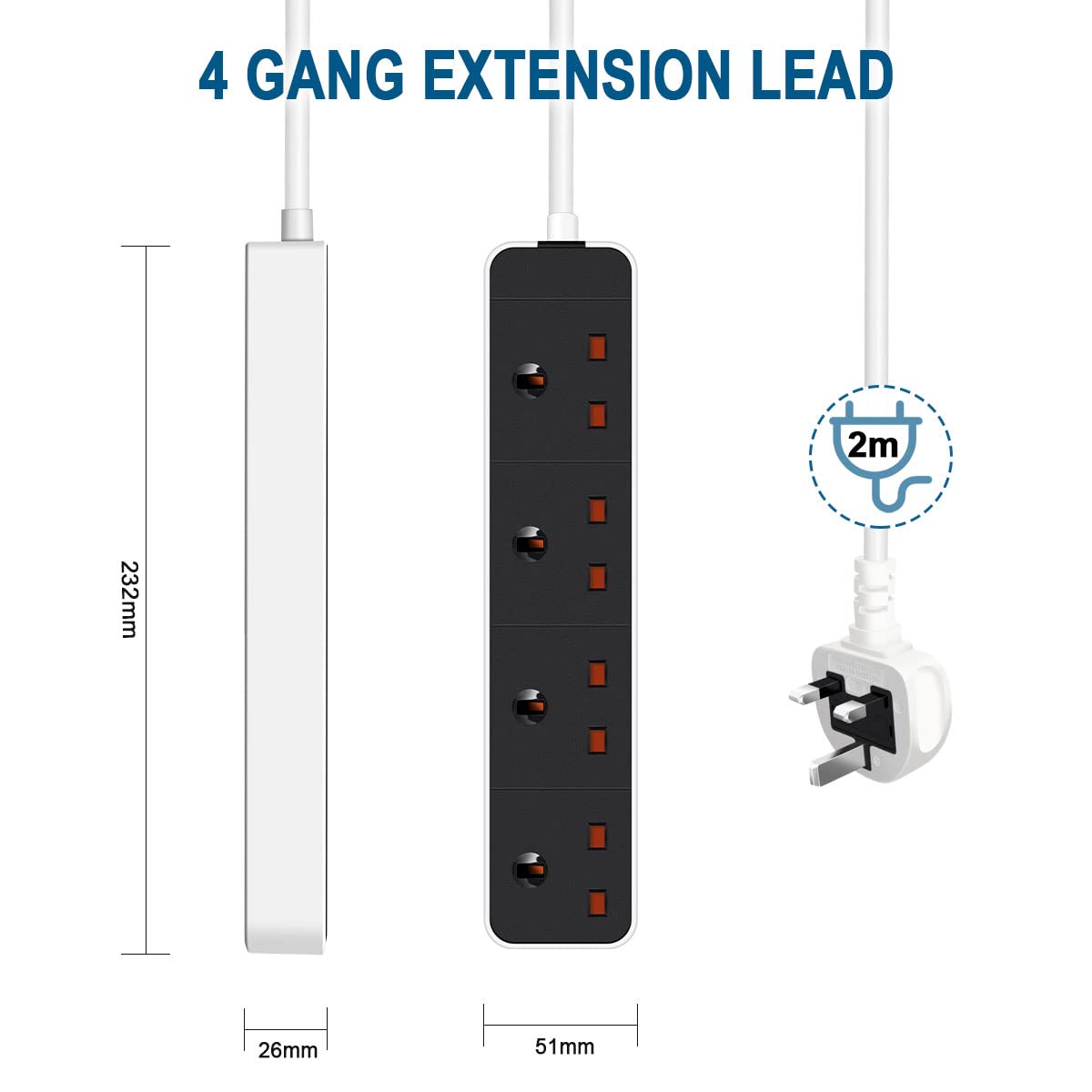 EXTRASTAR 4 Way Extension Lead in Black and White, 2M Extension Cord 13A UK Plug Max 3120W Socket Power Strip for Home Office School — view 3
