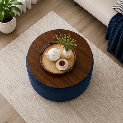 Image of Elegent Round Coffee Table with Wooden Top, Storage Ottoman Tables for Living Room, Centre Tables, Tea Tables, Farmhouse, Wood Drum Coffee Table, Upholstered Ottoman Accent Table (Blue)