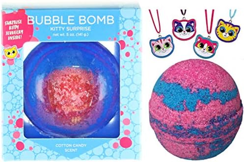 Kitty Bubble Bath Bomb for Girls with Surprise Kids Cat Necklace Inside by Two Sisters Spa. Large 99% Natural Fizzy in Gift Box. Moisturizes Dry Sensitive Skin. Releases Color, Scent, Bubbles.